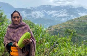 Eine nepalesische Bäuerin zeigt ihren agrarökologischen Garten.