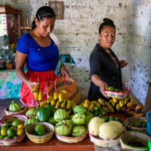Zwei indigene Guatemaltekinnen schauen sich ihre Ernteerträge an